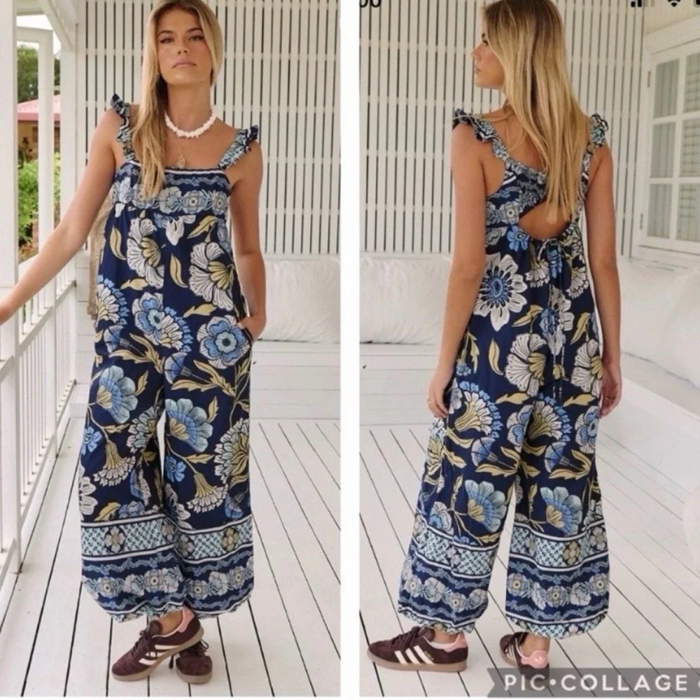Free People Bali Albright Boho Floral 100% Cotton Jumpsuit Wide Leg Size XL NWT - Picture 2 of 9